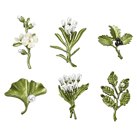 6шт. 6 стили, значки из сплава с покраской, для рюкзака и одежды, листьев и цветов, с пластиковой жемчужины