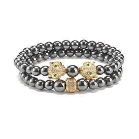 2Pcs 2 Style Synthetic Hematite Stretch Bracelets Sets, Leopard & Column Brass Beads Bracelets with Cubic Zirconia for Women