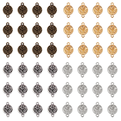 120Pcs 4 Colors Tibetan Style Alloy Links Connectors, Lead Free and Cadmium Free, Flat Round with Flower