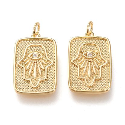 Латунные микропаве прозрачные подвески с фианитом, с прыжковых колец, долговечный, прямоугольник с рукой хамса / рукой фатимы / рукой мириам