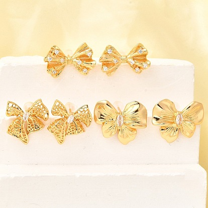 Серьги-гвоздики из латуни с микропаве и бантиком из циркония, долговечный, без никеля , реальный 18 k позолоченный