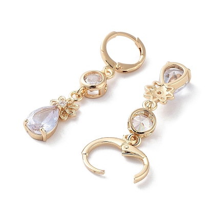 Rack Plating Golden Brass Dangle Leverback Earrings, with Cubic Zirconia for Women