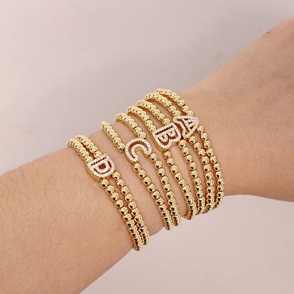 Браслеты из латуни с микропаве из прозрачных кубических циркониевых бусин, двойные нити, эластичные, для женщин, буква и круг, золотые