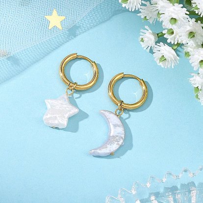 Серьги-подвески в виде луны и звезды из натурального культивированного пресноводного жемчуга с ядром, с 304 серьгами-кольцами из нержавеющей стали