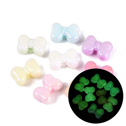 Luminous UV Plating Opaque Acrylic Beads, Iridescent, Bowknot, Glow in the Dark
