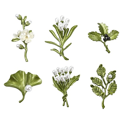 6шт. 6 стили, значки из сплава с покраской, для рюкзака и одежды, листьев и цветов, с пластиковой жемчужины