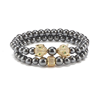 2Pcs 2 Style Synthetic Hematite Stretch Bracelets Sets, Leopard & Column Brass Beads Bracelets with Cubic Zirconia for Women