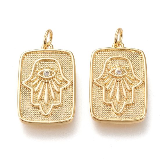 Латунные микропаве прозрачные подвески с фианитом, с прыжковых колец, долговечный, прямоугольник с рукой хамса / рукой фатимы / рукой мириам
