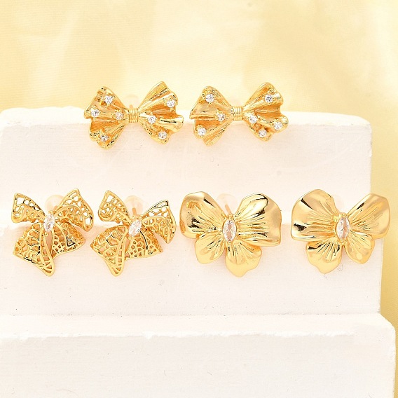 Серьги-гвоздики из латуни с микропаве и бантиком из циркония, долговечный, без никеля , реальный 18 k позолоченный