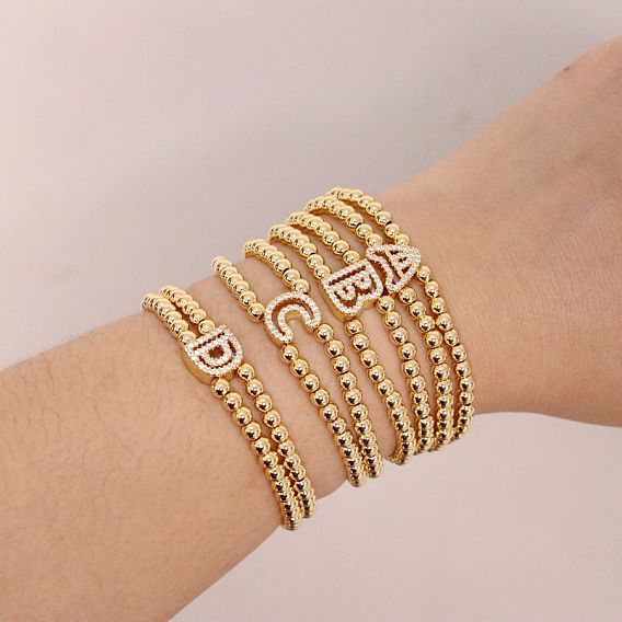 Браслеты из латуни с микропаве из прозрачных кубических циркониевых бусин, двойные нити, эластичные, для женщин, буква и круг, золотые
