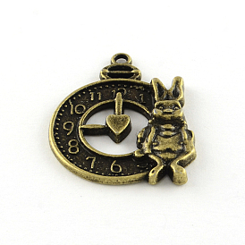 Clock & Rabbit Tibetan Style Alloy Pendants, Bunny Charms, Cadmium Free & Lead Free, 31x25x2.5mm, Hole: 2mm, about 240pcs/1000g