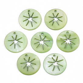 Natural Freshwater Shell Pendants, Flat Round with Hollow Star, Dyed
