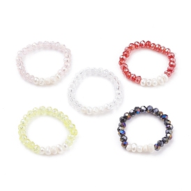 Natural Pearl & Faceted Glass Beads Stretch Rings for Teen Girl Women