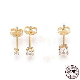 925 Sterling Silver Stud Earrings Set, with Clear Cubic Zirconia and Ear Nuts, Square