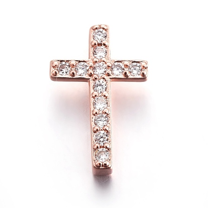 Brass Micro Pave Cubic Zirconia Slide Charms, Cross, Clear
