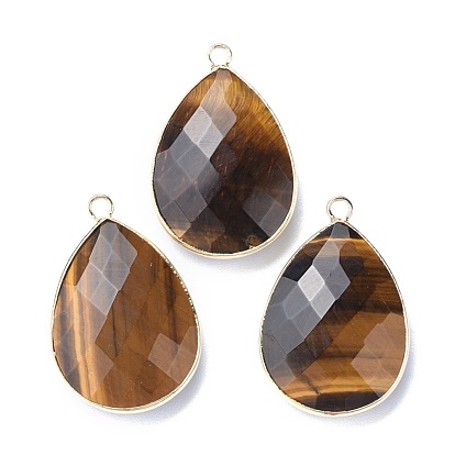 Faceted Gemstone Pendants, with Light Gold Plated Brass Edge and Loop, Teardrop