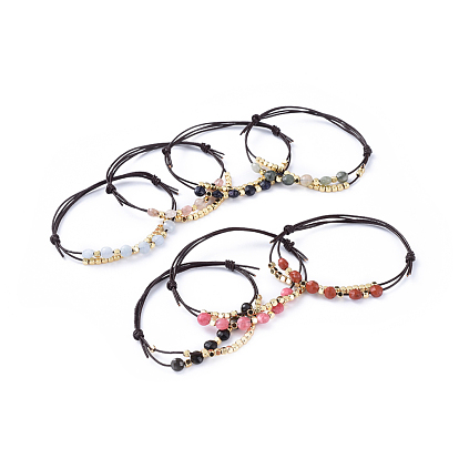 Pulseras de cuero del zurriago, con cuentas de piedras preciosas facetadas y cuentas de cubo de latón