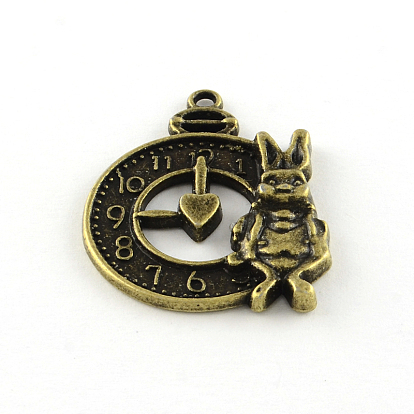 Clock & Rabbit Tibetan Style Alloy Pendants, Bunny Charms, Cadmium Free & Lead Free, 31x25x2.5mm, Hole: 2mm, about 240pcs/1000g