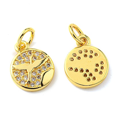 Rack Plating Brass Micro Pave Cubic Zirconia Charms, with Jump Ring, Flat Round with Bird