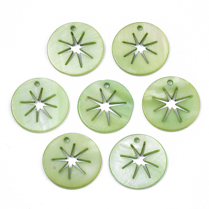 Natural Freshwater Shell Pendants, Flat Round with Hollow Star, Dyed