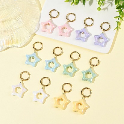 Acrylic & 202 Stainless Steel Stud Earrings, 316 Surgical Stainless Steel Hoop Earrings, Star, Golden