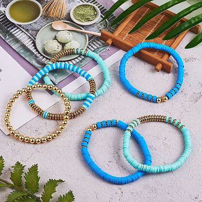 Synthetic Hematite & Polymer Clay Heishi Beads Stretch Bracelets Set, Golden Plated Round Beads Bracelets for Women