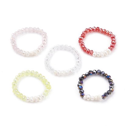 Natural Pearl & Faceted Glass Beads Stretch Rings for Teen Girl Women