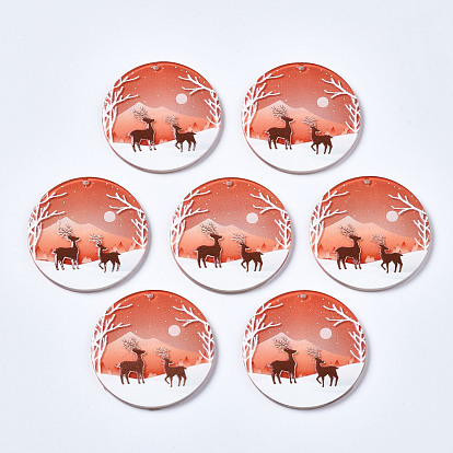 Transparent 3D Printed Acrylic Pendants, Christmas, Flat Round with Christmas Reindeer