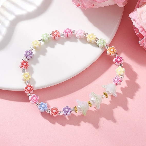 Браслеты-растяжки из искусственного жемчуга с цветочным рисунком из акрила и АБС-пластика для женщин