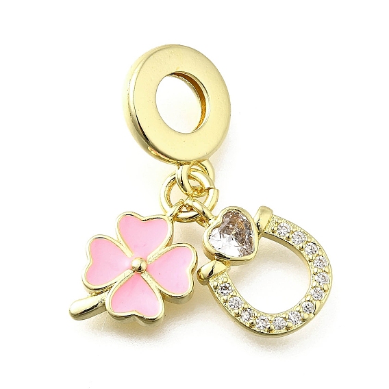 Европейские подвески с паве из латуни, прозрачными кубическими цирконами и розовой эмалью, подвески с большим отверстием в виде подковы клевера, долговечный, без свинца и без кадмия, стойки покрытие