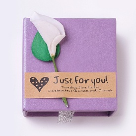 Cardboard Jewelry Ring Box, with Paper Flower and Stickers, Square