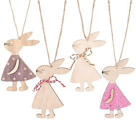 Globleland 4 Sets 2 Style Wood Easter Bunny Pendant Decoration, with Hemp Rope