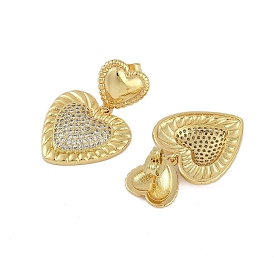 Rack Plating Brass Heart Stud Earrings for Women, with Clear Cubic Zirconia, Long-Lasting Plated