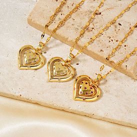 Brass Pave Cubic Zirconia Hollow Double Heart Pendant Necklace, for Women, Golden