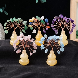 Natural Gemstone Chips Tree of Life Decorations with Topaz Gourd Base, Copper Wire Feng Shui Energy Stone Gift for Home Office Desktop Decoration