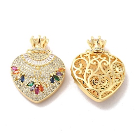 Brass Micro Pave Cubic Zirconia 2-Loop Pendants, Heart with Crown Charm, Golden