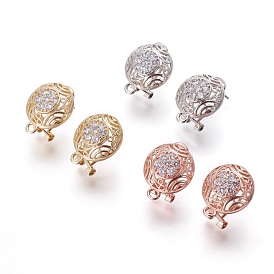 Brass Micro Pave Cubic Zirconia Stud Earring Findings, with Loop, Half Round