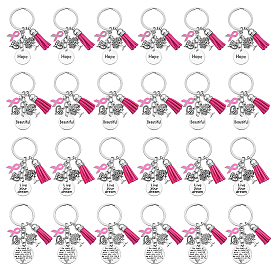 24 piezas 4 estilos llaveros colgantes con borlas de aleación, esmalte y gamuza sintética con temática de cinta de concientización sobre el cáncer de mama rosa, con llaveros divididos, plata antigua y platino