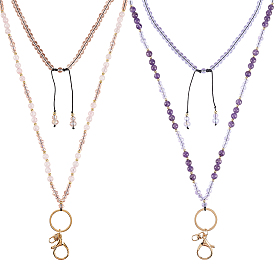 2 шт. натуральный аметист и розовый кварц и стеклянные бусины цепи для держателя удостоверения личности шнурок шейный ремешок