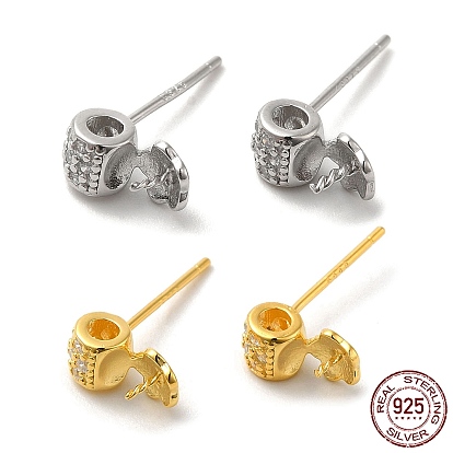 Barrel 925 Sterling Silver Micro Pave Cubic Zirconia Stud Earring Findings, for Half Drilled Beads, with S925 Stamp