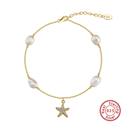 925 Sterling Silver Cable Chain Anklet, Natural Freshwater Pearls, Micro Pave Grade 4A Cubic Zirconia Star Charm