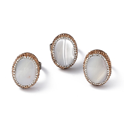 Natural Shell Oval Adjustable Ring with Rhinestone, Rack Plating Brass Wide Ring for Women