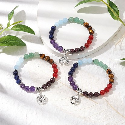 3Pcs 3 Styles Chakra Gemstone Beaded Stretch Bracelets, Antique Silver Plated Alloy Tree of Life Charm Stretch Bracelets