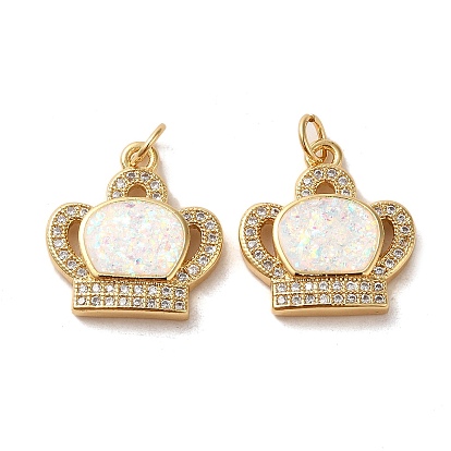 Brass Micro Pave Cubic Zirconia with Synthetic Opal Pendants, with Jump Ring, Cadmium Free & Lead Free, Crown