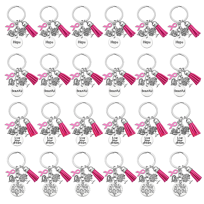 24 piezas 4 estilos llaveros colgantes con borlas de aleación, esmalte y gamuza sintética con temática de cinta de concientización sobre el cáncer de mama rosa, con llaveros divididos, plata antigua y platino