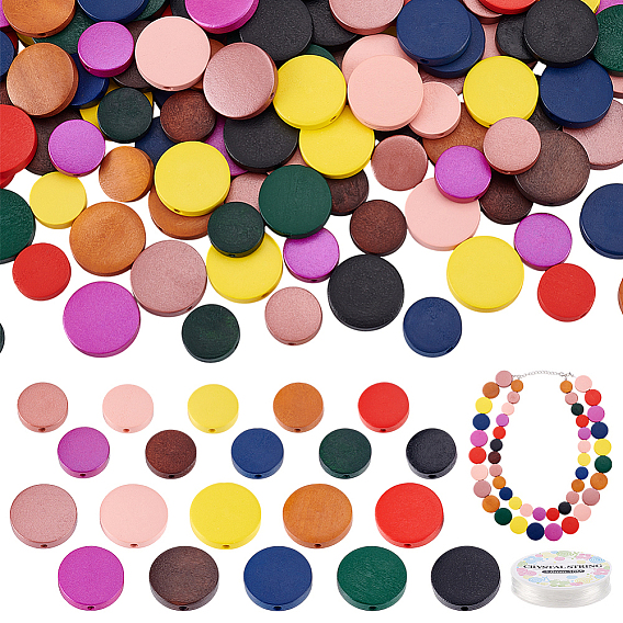 Ювелирные изделия, включая деревянные бусины и эластичную хрустальную нить, плоско-круглые