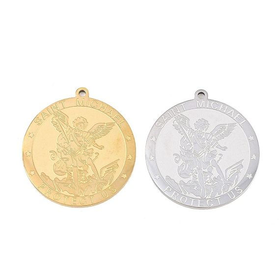 304 подвески из нержавеющей стали, Плоская круглая форма с подвеской в виде архангела Святого Михаила.