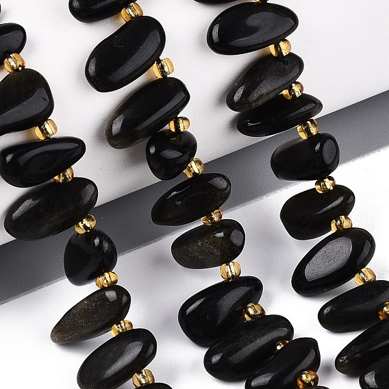 Естественный золотистый отлив обсидиан бисер пряди, самородки, Топ пробуренной, упавший камень, с бисером