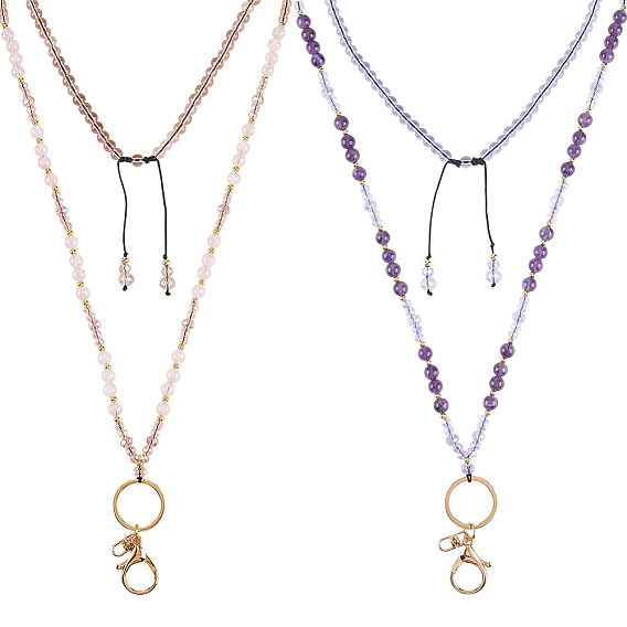 2 шт. натуральный аметист и розовый кварц и стеклянные бусины цепи для держателя удостоверения личности шнурок шейный ремешок