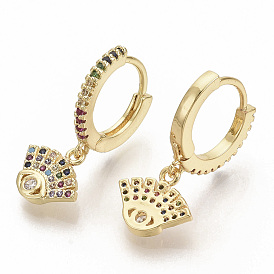 Brass Micro Pave Colorful Cubic Zirconia Dangle Hoop Earrings, Eye, Real 16K Gold Plated